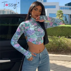 Skinny Backless Floral Crop Top Printed Short Tee Vintage High Streetwear Bodycon Turtleneck Tshirts Summer Top