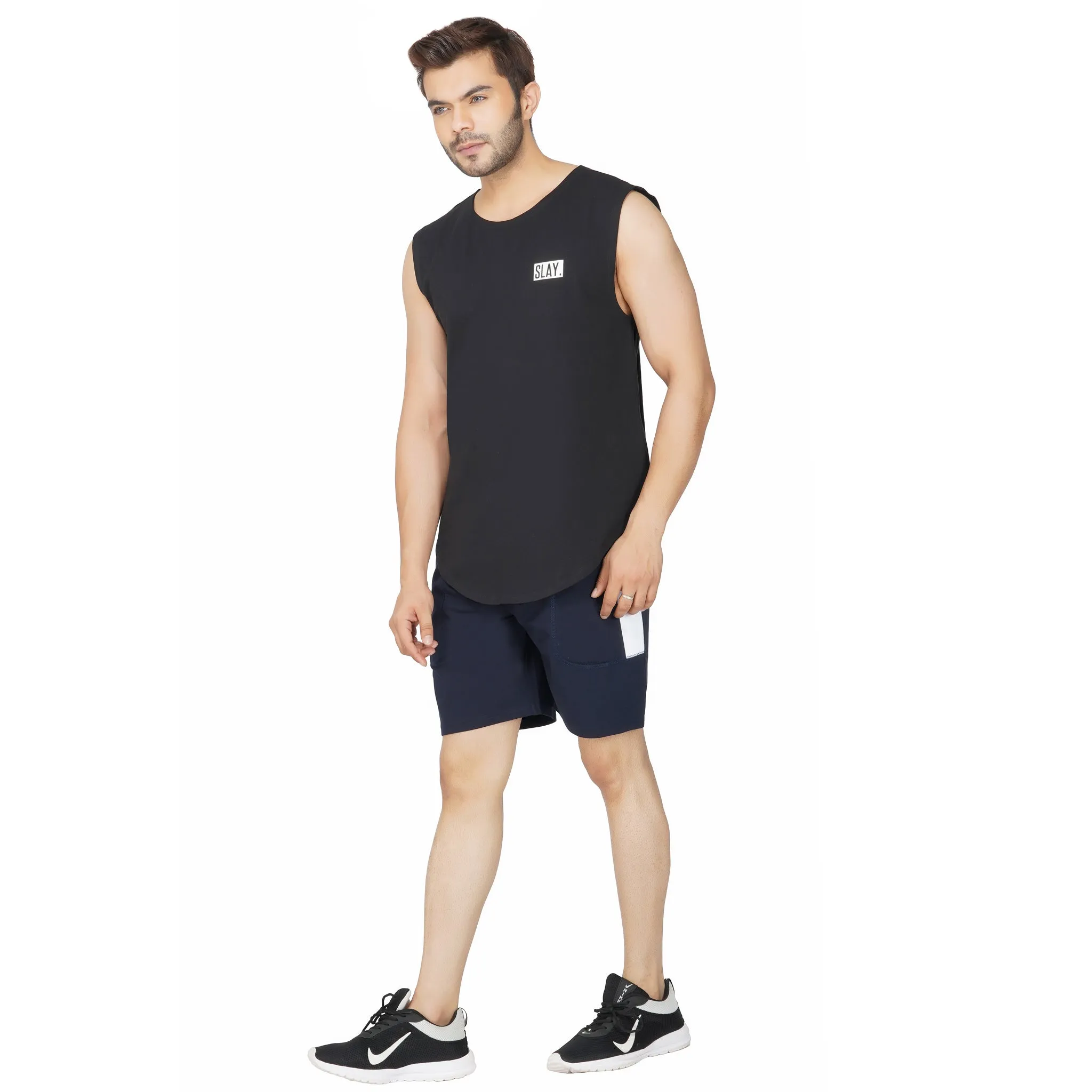 SLAY. Men's Activewear Navy Blue Sports Shorts with White Stripes