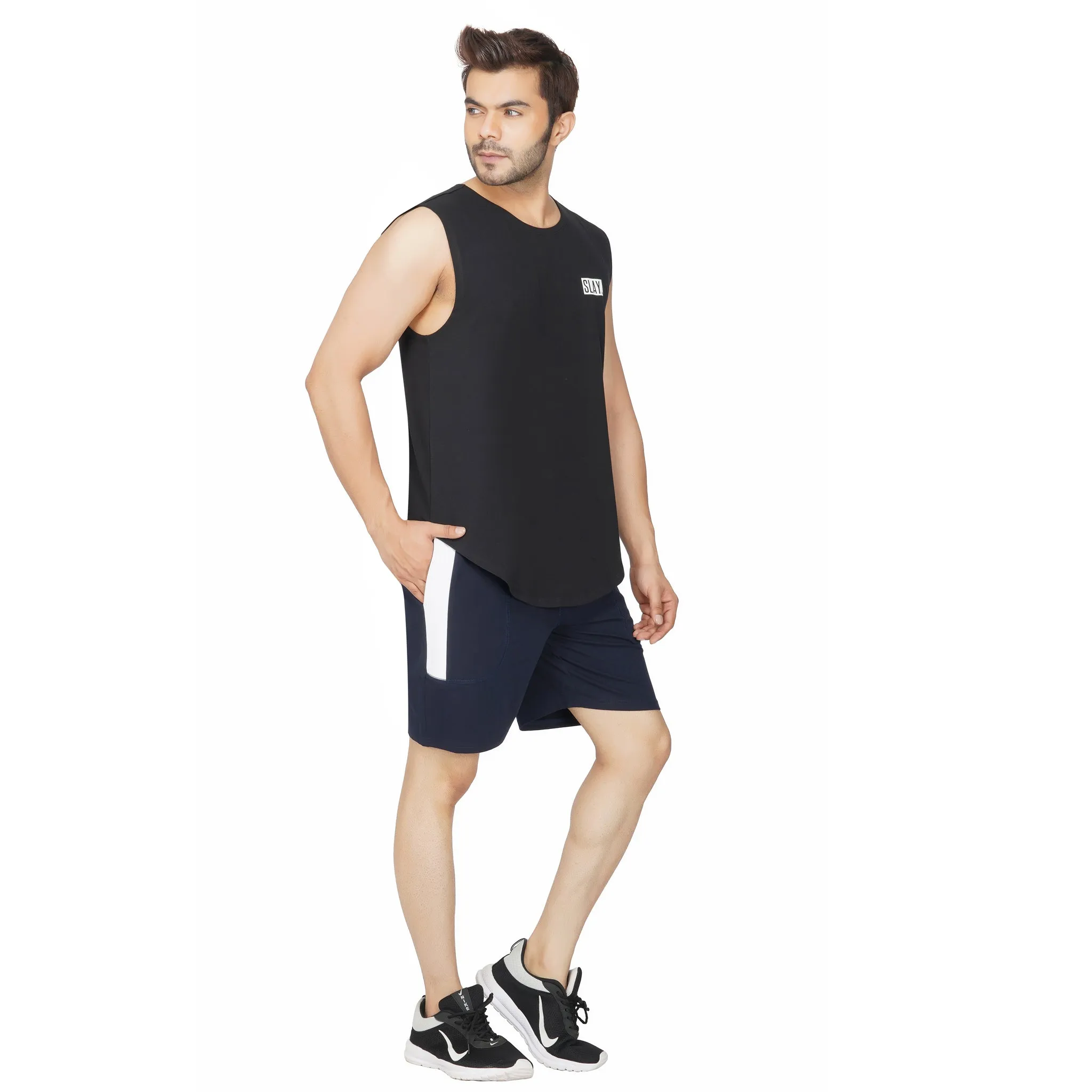 SLAY. Men's Activewear Navy Blue Sports Shorts with White Stripes