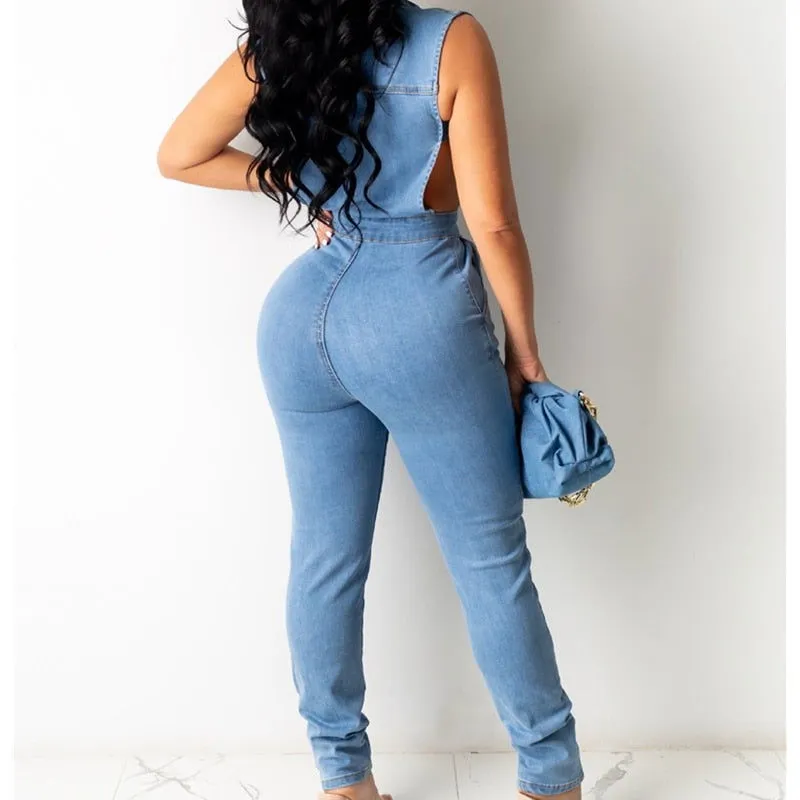 Sleeveless Deep V-Neck Button Zipper Denim Jumpsuits