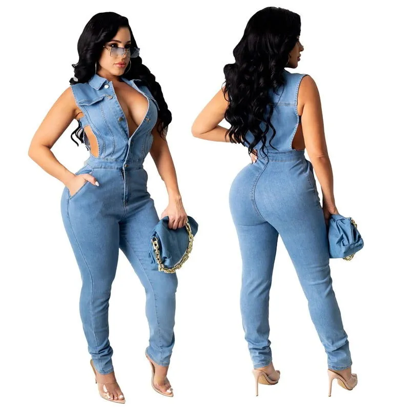 Sleeveless Deep V-Neck Button Zipper Denim Jumpsuits