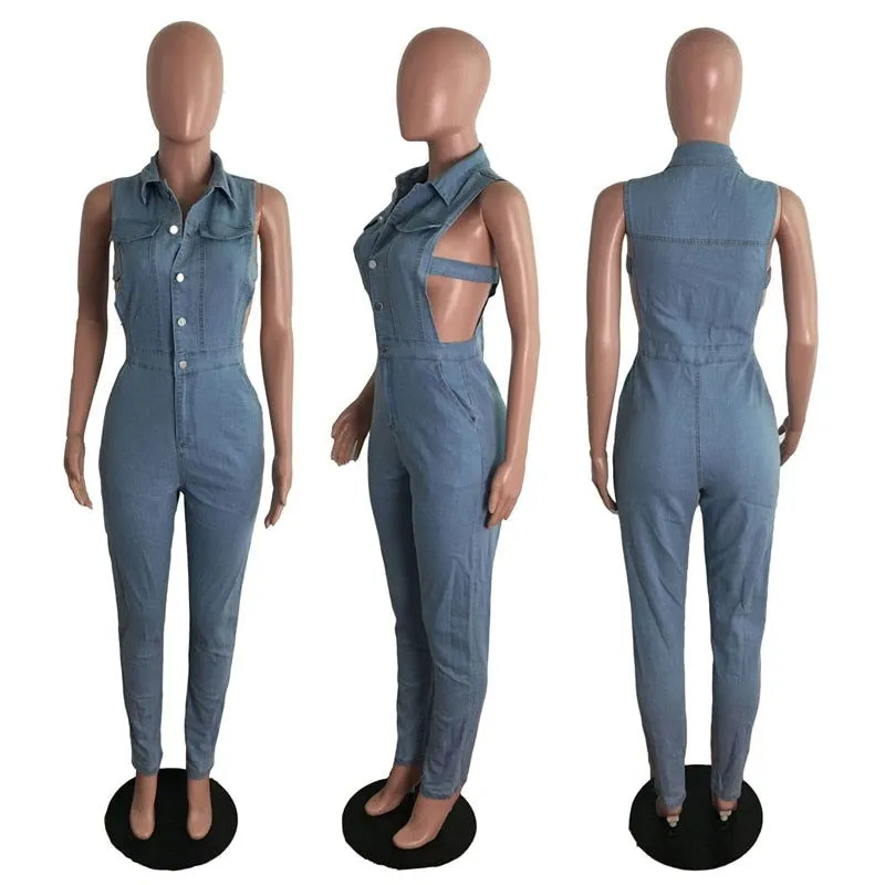 Sleeveless Deep V-Neck Button Zipper Denim Jumpsuits