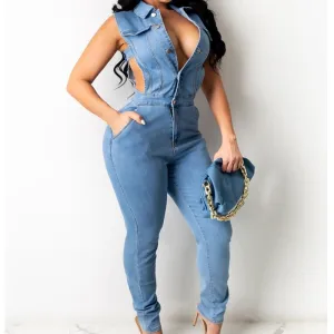 Sleeveless Deep V-Neck Button Zipper Denim Jumpsuits