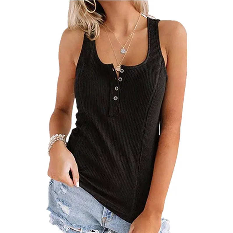 Solid Color Button Sleeveless Tank Tops