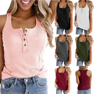 Solid Color Button Sleeveless Tank Tops