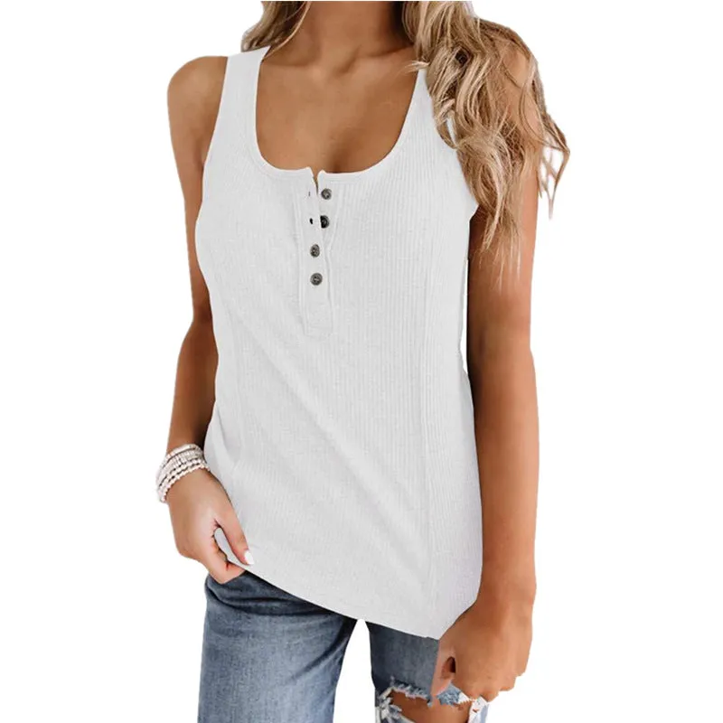 Solid Color Button Sleeveless Tank Tops