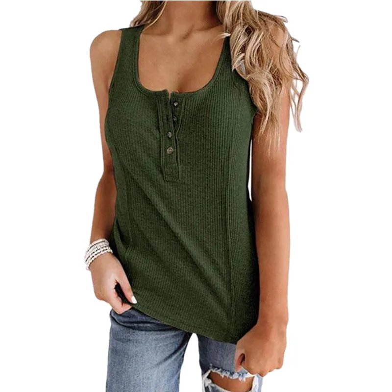 Solid Color Button Sleeveless Tank Tops