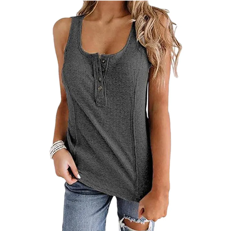 Solid Color Button Sleeveless Tank Tops