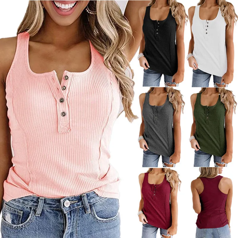 Solid Color Button Sleeveless Tank Tops