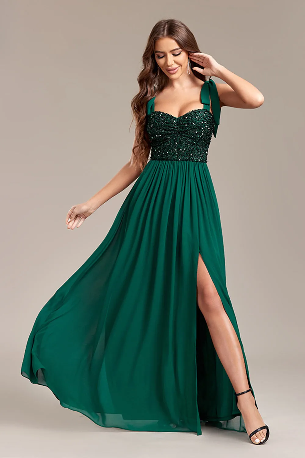 Sparkly Beading Green A Line Spaghetti Straps Maxi Dress with Slit