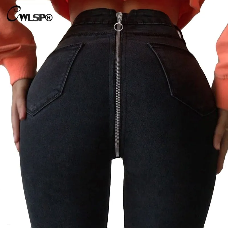 Spring Summer High Waist Black Jeans Back Zipper Skinny Pencil Denim Pants