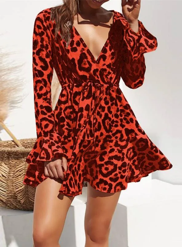 SUMMER CHIFFON DRESS WOMEN LEOPARD PRINT BOHO BEACH DRESSES