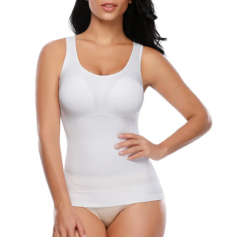 Tank Top Shapewear with Built in Bra Shelf Bra Casual Wide Strap Basic Camisole Sleeveless Top Shaper with Removable Bra