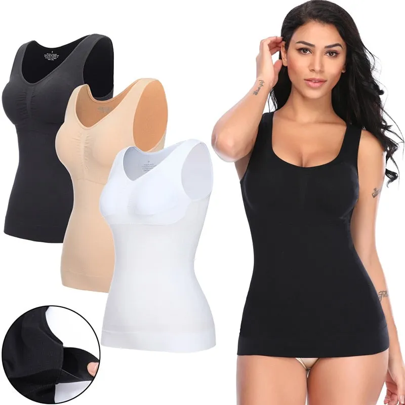 Tank Top Shapewear with Built in Bra Shelf Bra Casual Wide Strap Basic Camisole Sleeveless Top Shaper with Removable Bra