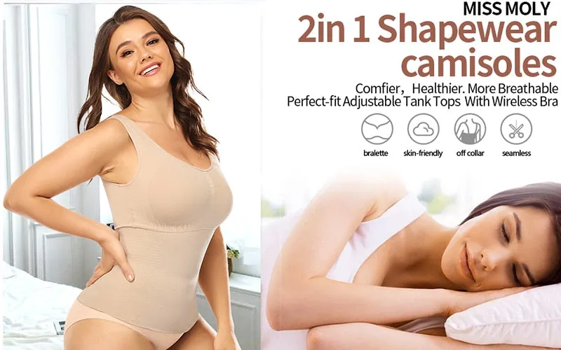 Tank Top Shapewear with Built in Bra Shelf Bra Casual Wide Strap Basic Camisole Sleeveless Top Shaper with Removable Bra