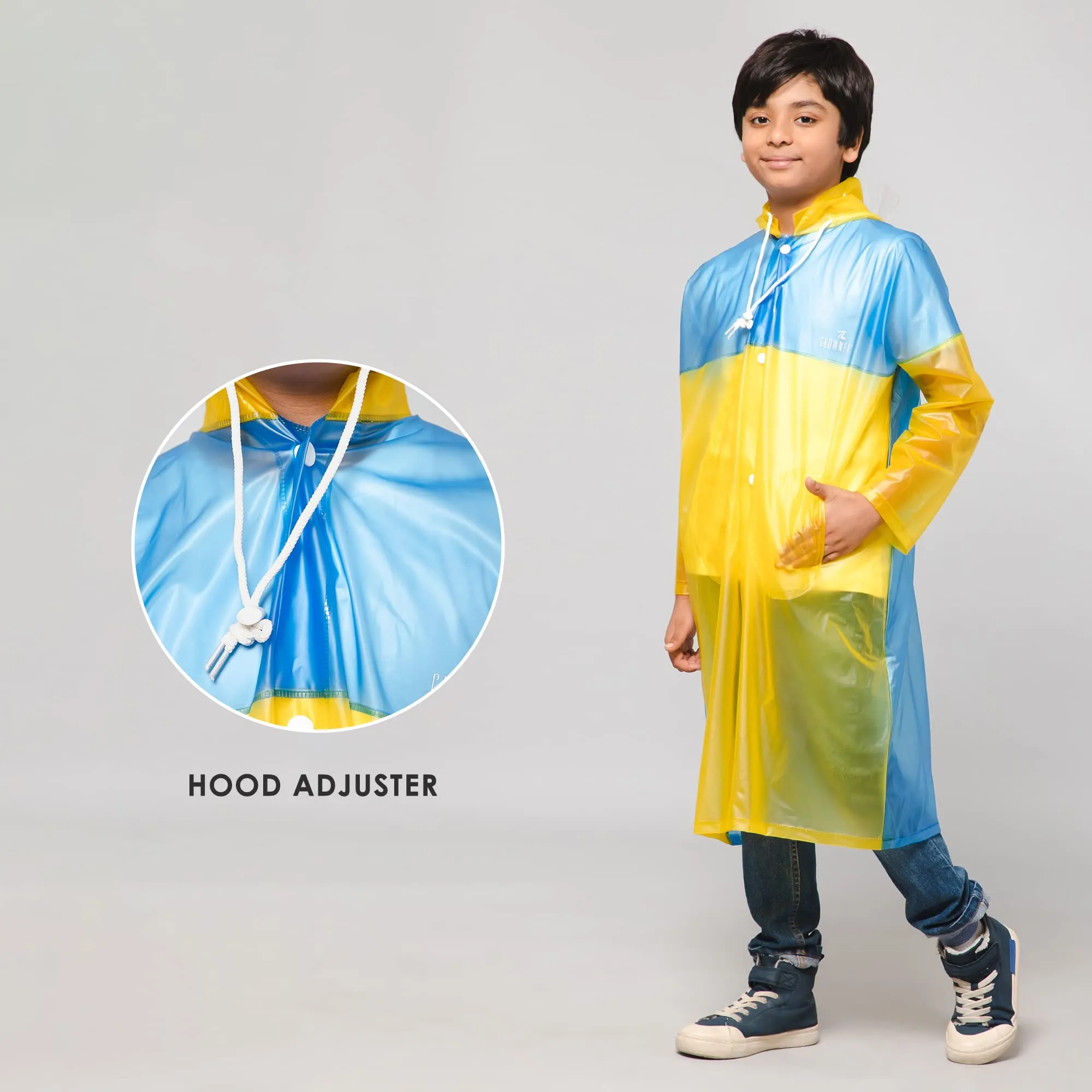 THE CLOWNFISH Puddle Jumper Series Unisex Kids Waterproof Single Layer PVC Longcoat/Raincoat with Adjustable Hood. Age-4-5 Years (Blue)