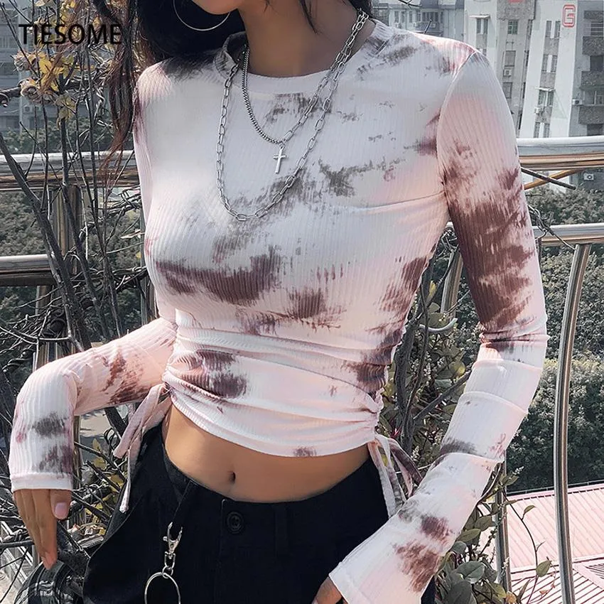 Tie Dye Print Tops Tee Bandage Long Sleeve Sexy Streetwear Summer Clothes Drawstring Slim T Shirt