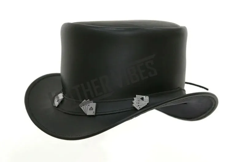 Top Hat-Playing Cards Leather hat,Leather Top Hat, Gothic Top Hat, Mens Top Hat, Steampunk Top Hat, Custom Top Hat