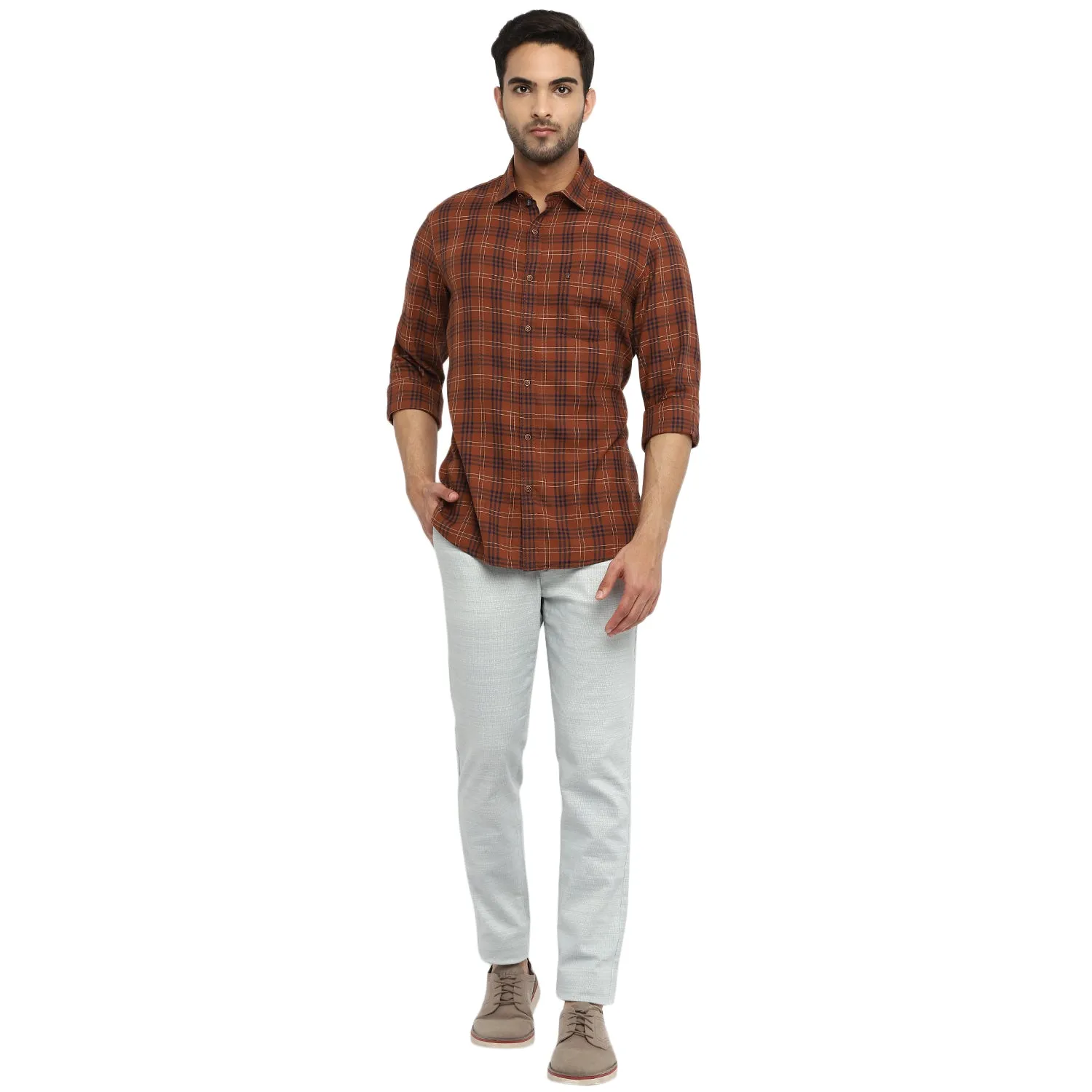 Turtle Men Brown Cotton Checked Slim Fit Shirts