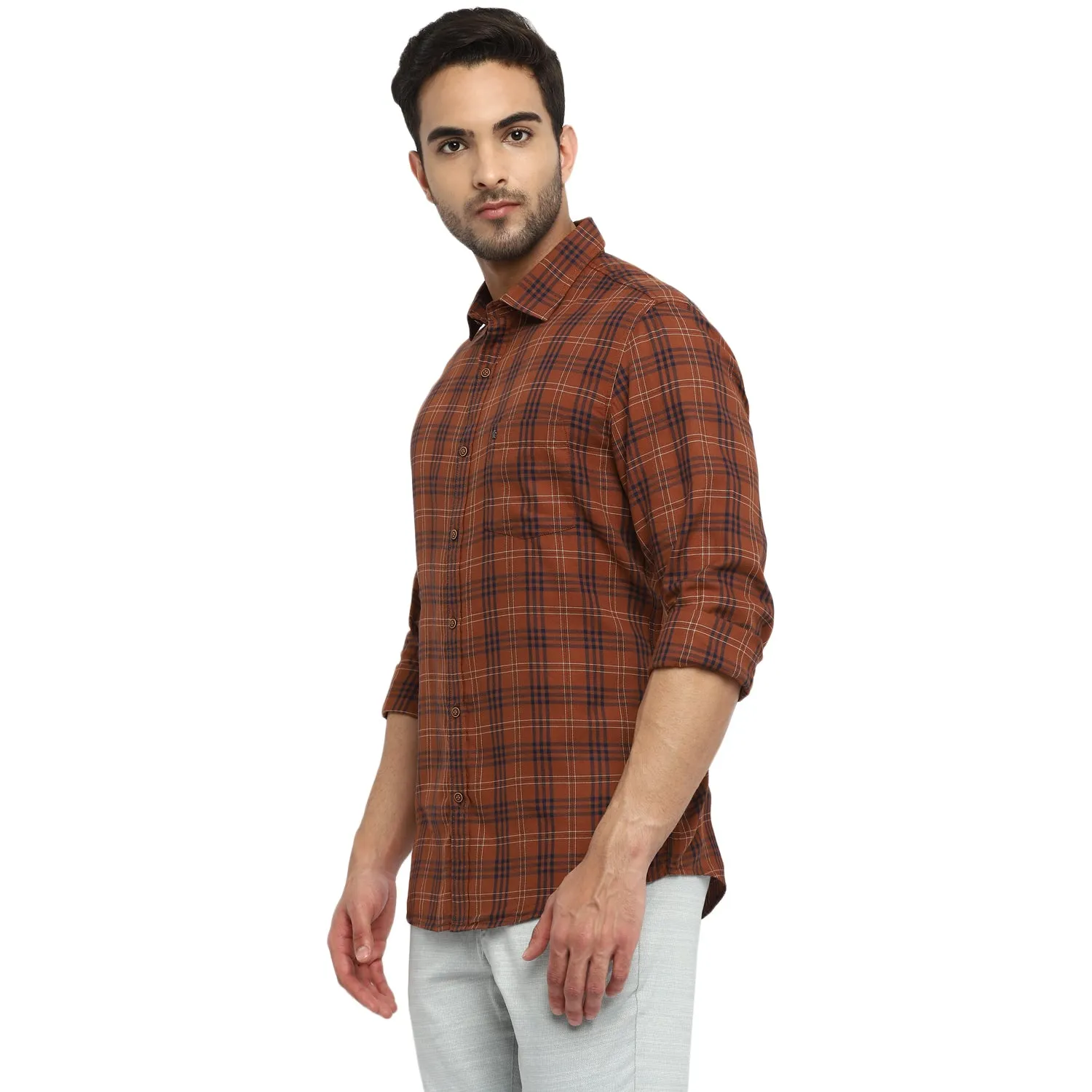 Turtle Men Brown Cotton Checked Slim Fit Shirts