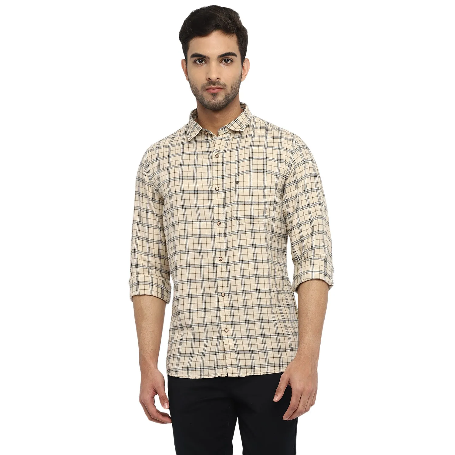 Turtle Men Cream Cotton Melange Checked Slim Fit Shirts