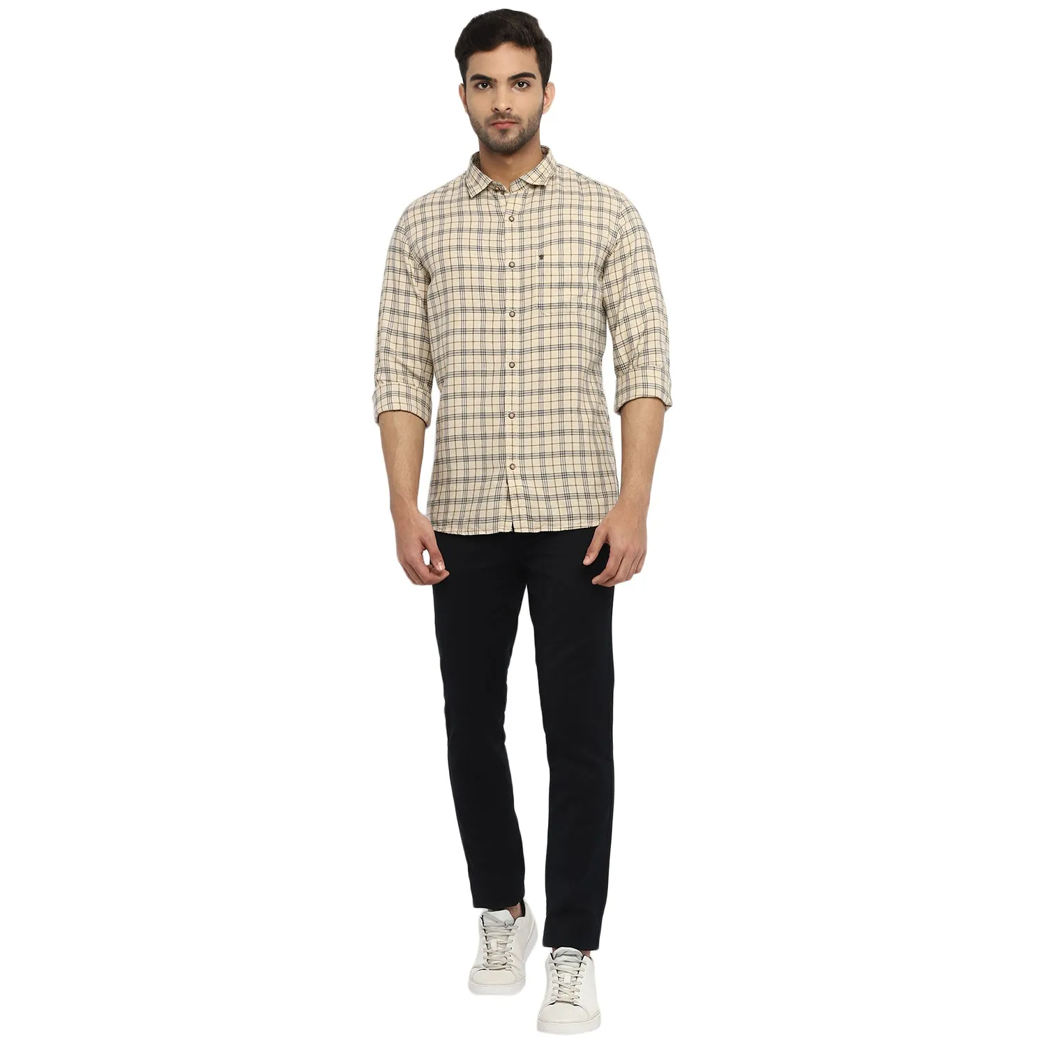 Turtle Men Cream Cotton Melange Checked Slim Fit Shirts