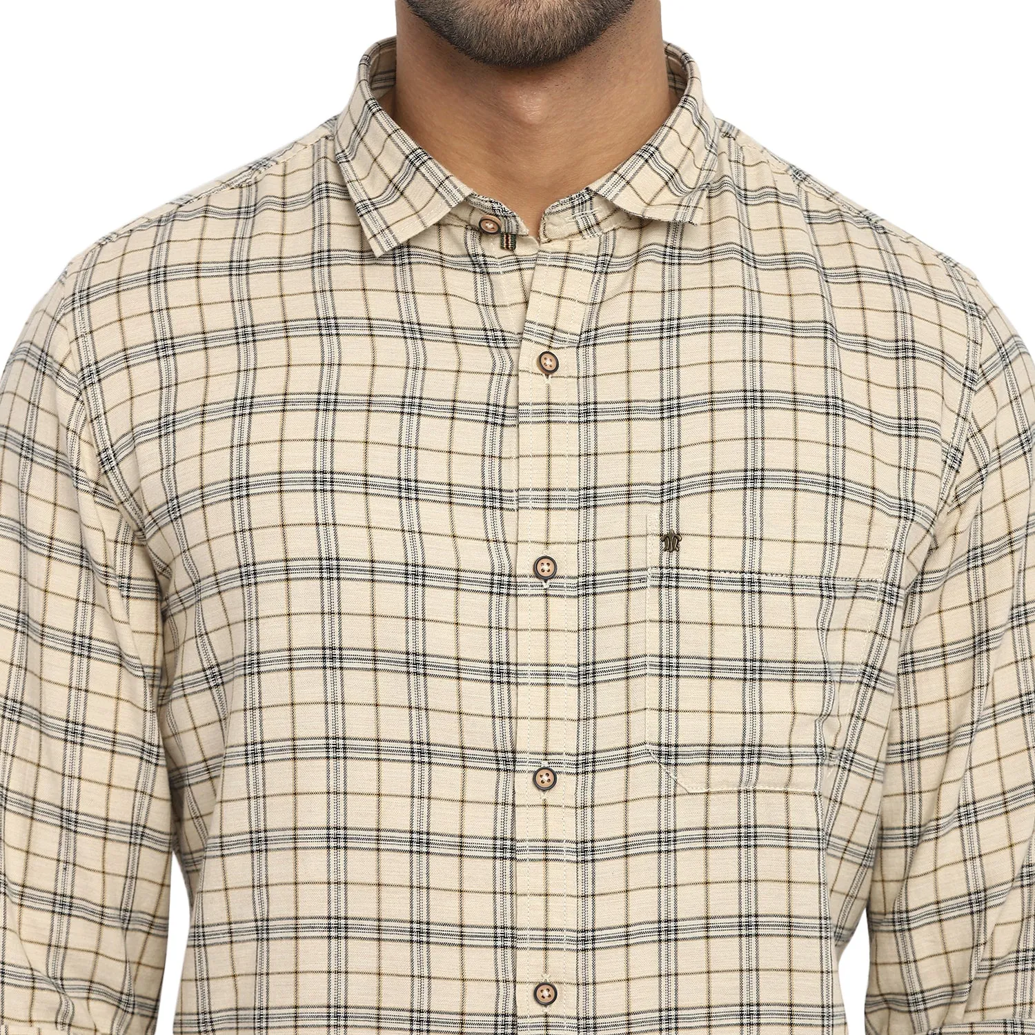 Turtle Men Cream Cotton Melange Checked Slim Fit Shirts