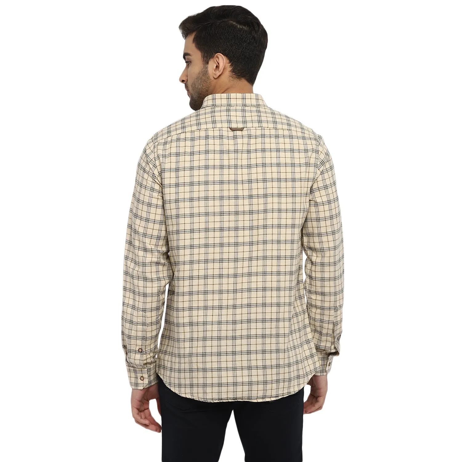 Turtle Men Cream Cotton Melange Checked Slim Fit Shirts