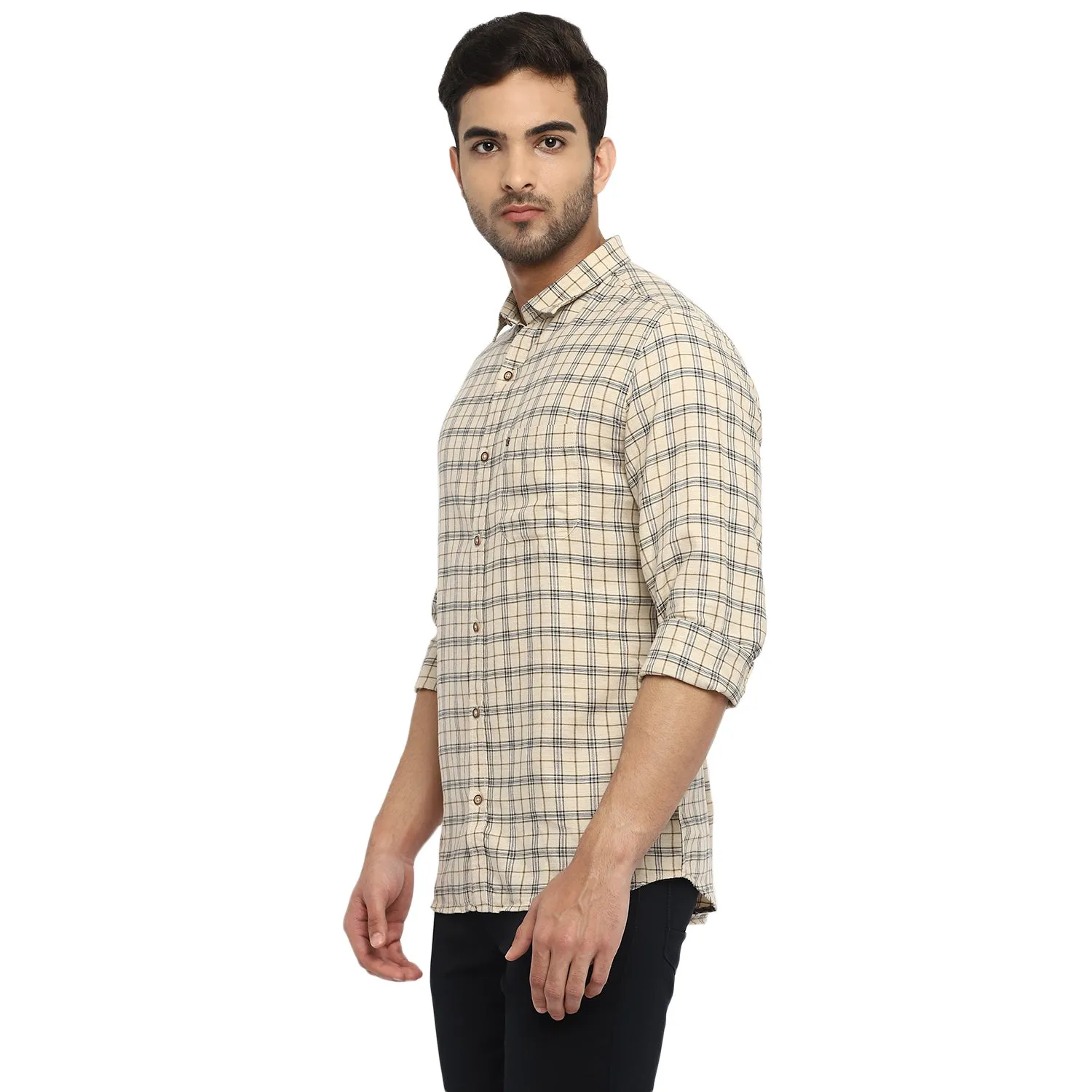 Turtle Men Cream Cotton Melange Checked Slim Fit Shirts