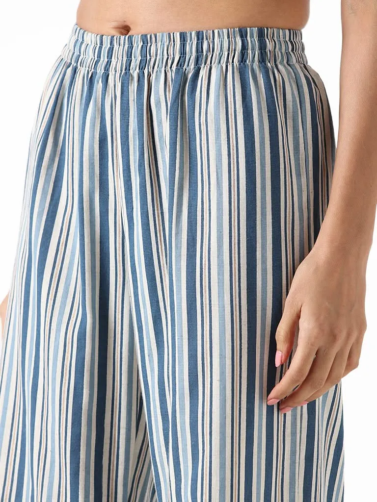 Utsa Indigo and White Striped Straight Pants