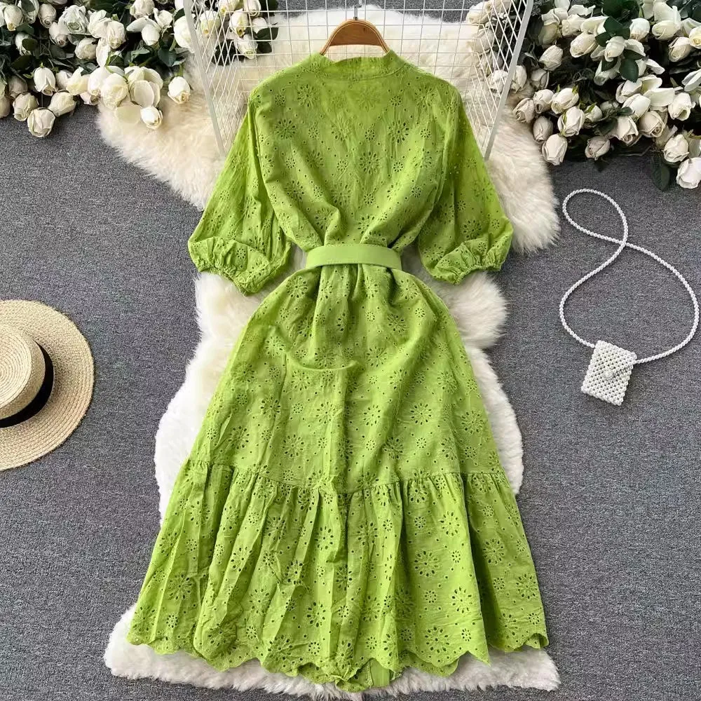 V-neck dress women's puff sleeves ruffle long skirt   S4560