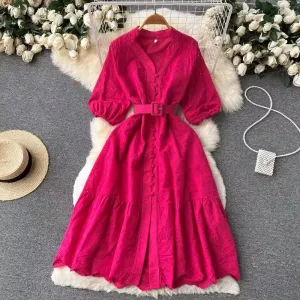 V-neck dress women's puff sleeves ruffle long skirt   S4560