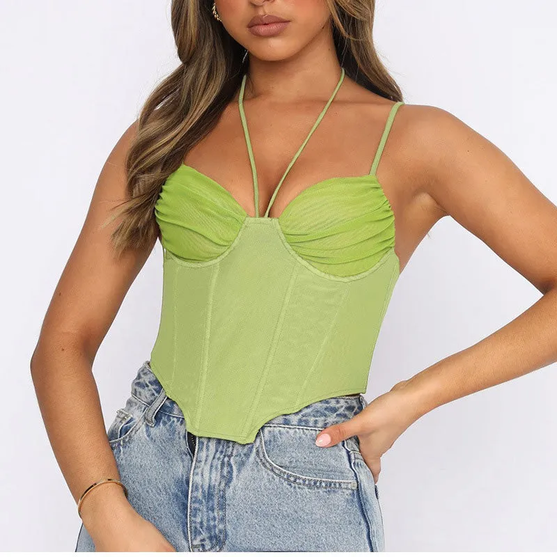 V-Neck Sleeveless Bustier Corset Summer Fashion Backless Halter Cami TY2K Clubwear Green Black Crop Top