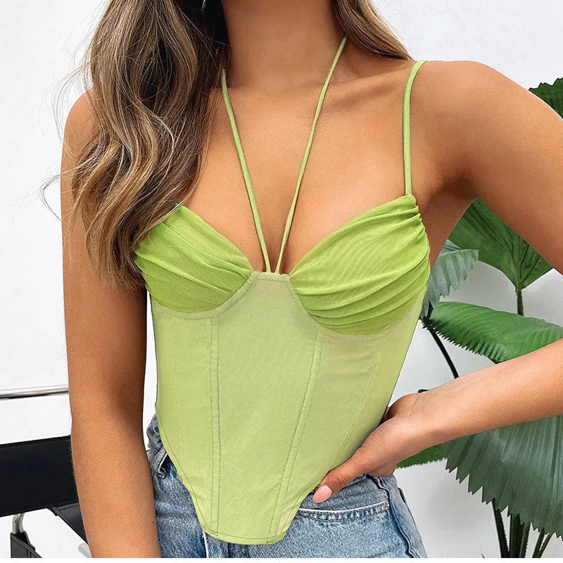 V-Neck Sleeveless Bustier Corset Summer Fashion Backless Halter Cami TY2K Clubwear Green Black Crop Top