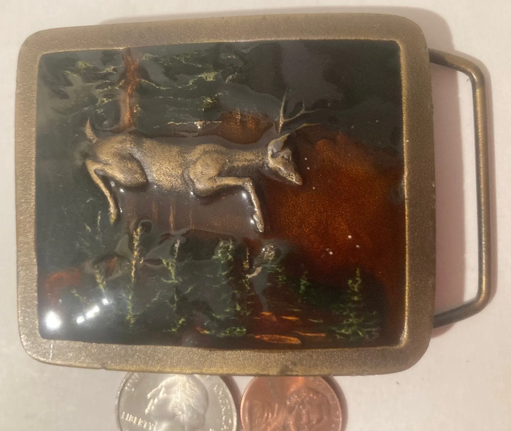 Vintage 1977 Metal Belt Buckle, Deer, Buck, Enamel, Indiana Metal Crafts, Made in USA, Quality, Heavy Duty, Fashion, Belts, Shelf Display