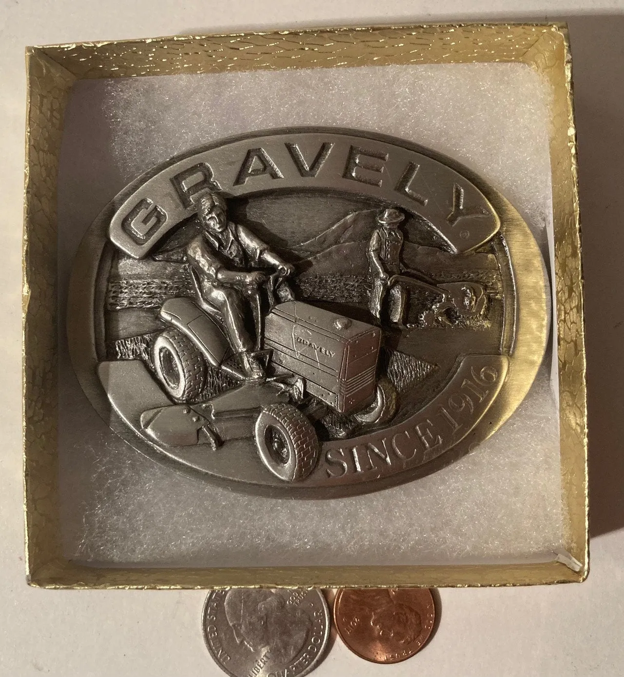 Vintage 1984 Metal Belt Buckle, Gravely, Tractors, Farming, AG, Nice Western Design, 3 1/2" x 2 1/2", Heavy Duty, Quality, Thick