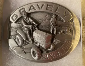 Vintage 1984 Metal Belt Buckle, Gravely, Tractors, Farming, AG, Nice Western Design, 3 1/2" x 2 1/2", Heavy Duty, Quality, Thick