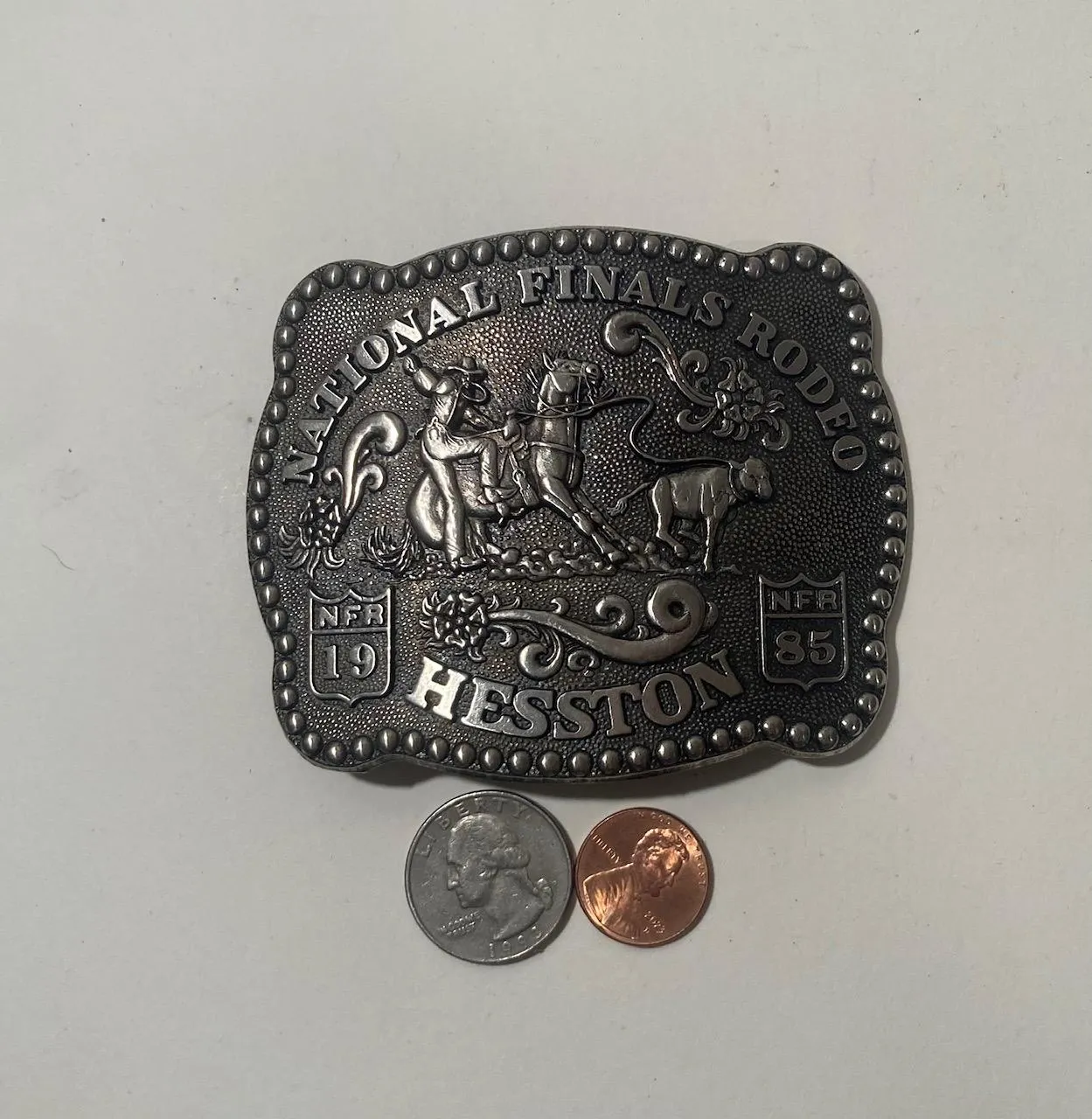 Vintage 1985 Metal Belt Buckle, NFR, National Finals Rodeo, Hesston, Nice Design, 3 3/4" x 3", Heavy Duty, Quality, Made in USA, Thick Metal