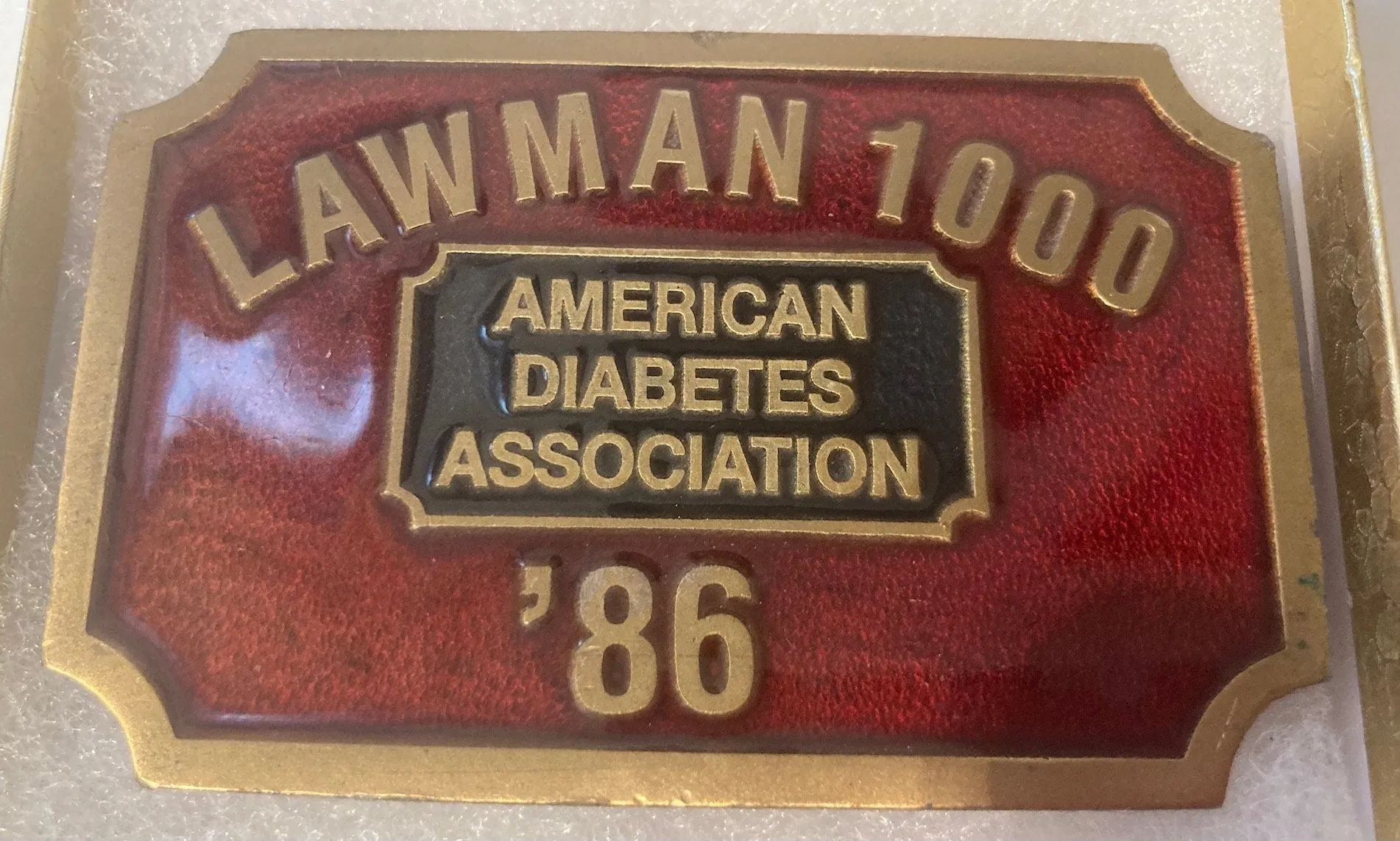 Vintage 1986 Metal Belt Buckle, Brass, Enamel, Lawman 1000, American Diabetes Association, 3 1/4" x 2", Heavy Duty, Quality, Thick Metal