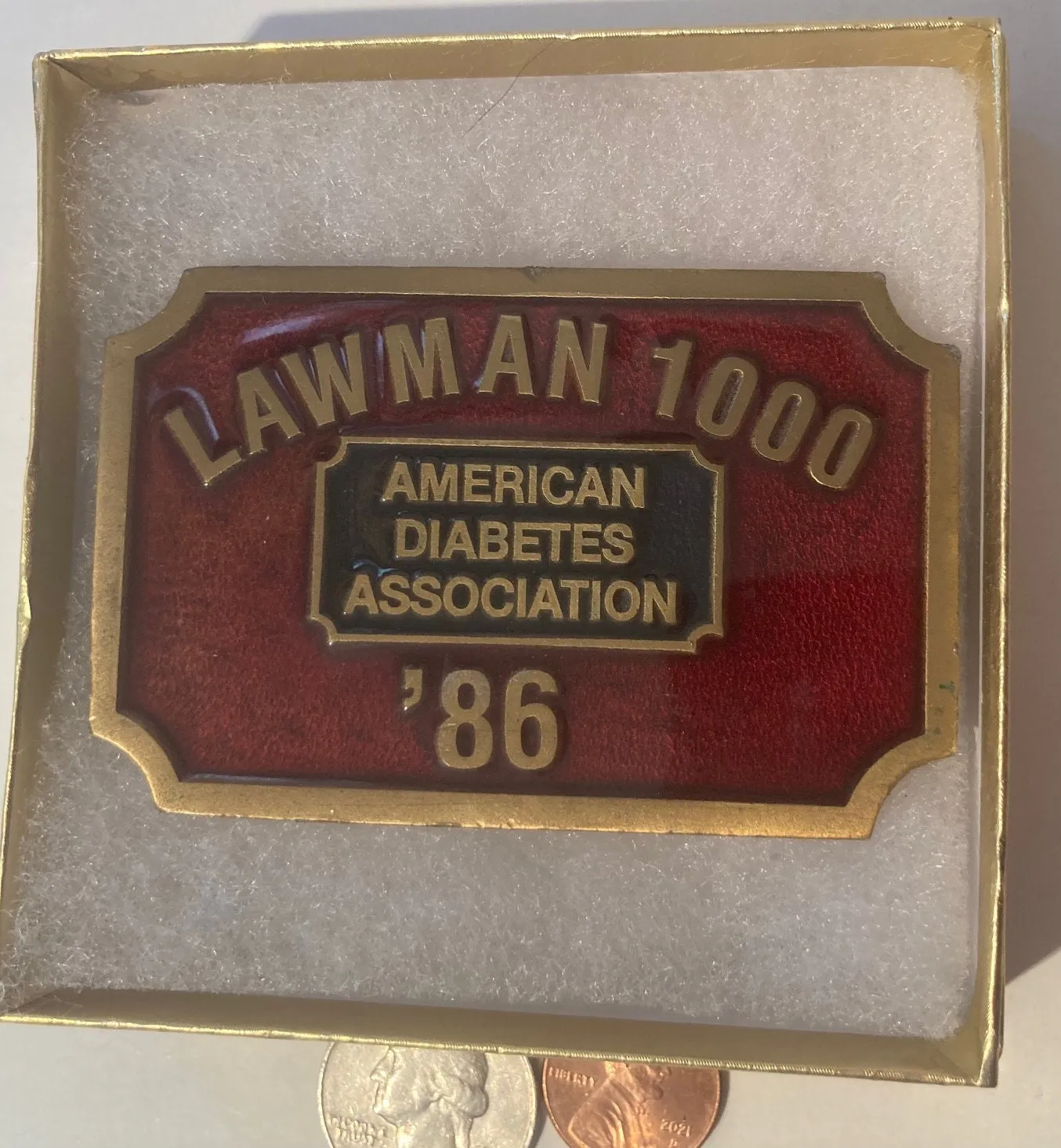 Vintage 1986 Metal Belt Buckle, Brass, Enamel, Lawman 1000, American Diabetes Association, 3 1/4" x 2", Heavy Duty, Quality, Thick Metal