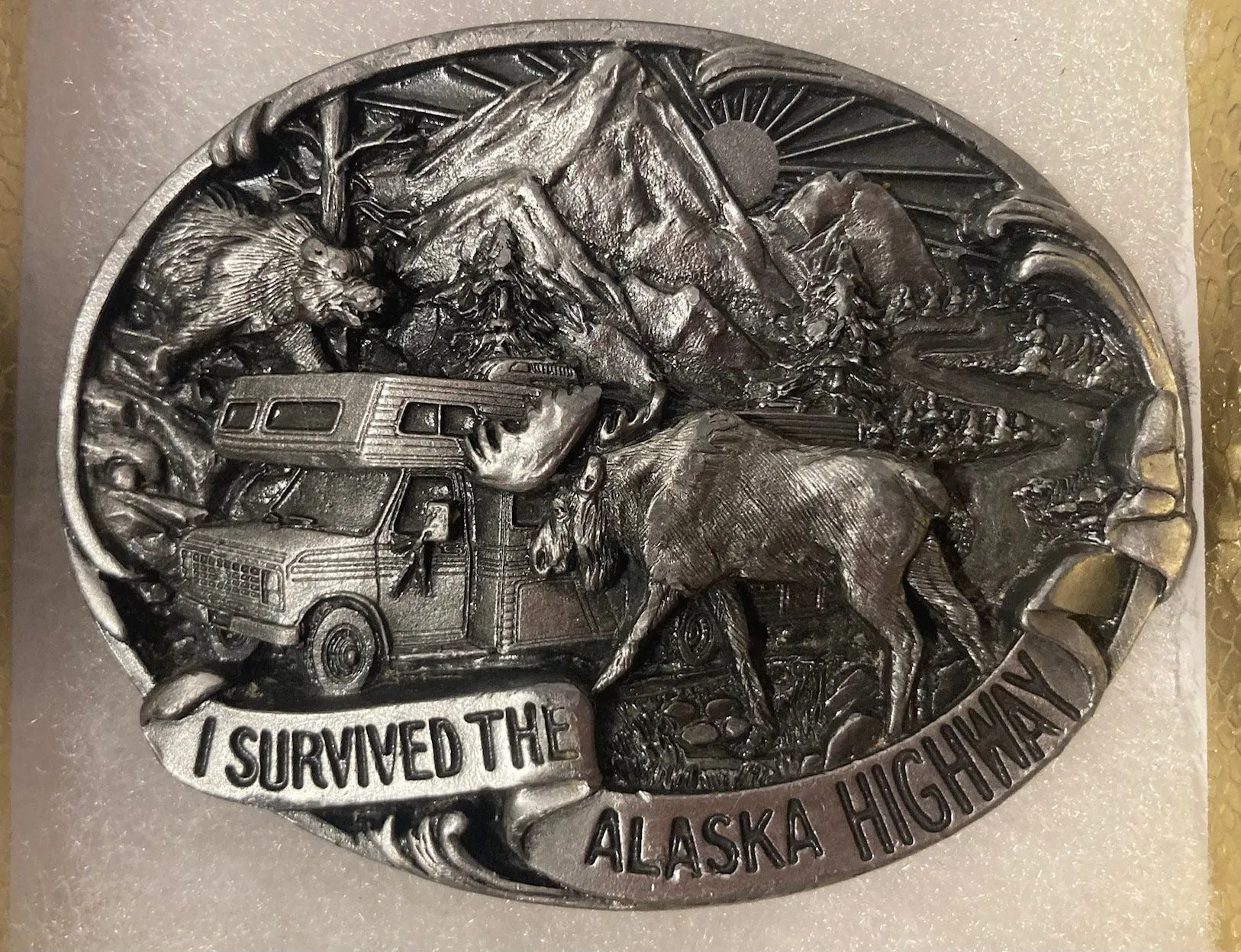 Vintage 1992 Metal Belt Buckle, I Survived The Alaska Highway, Nice Western Design, 3 1/4" x 2 1/2", Heavy Duty, Quality, Thick Metal