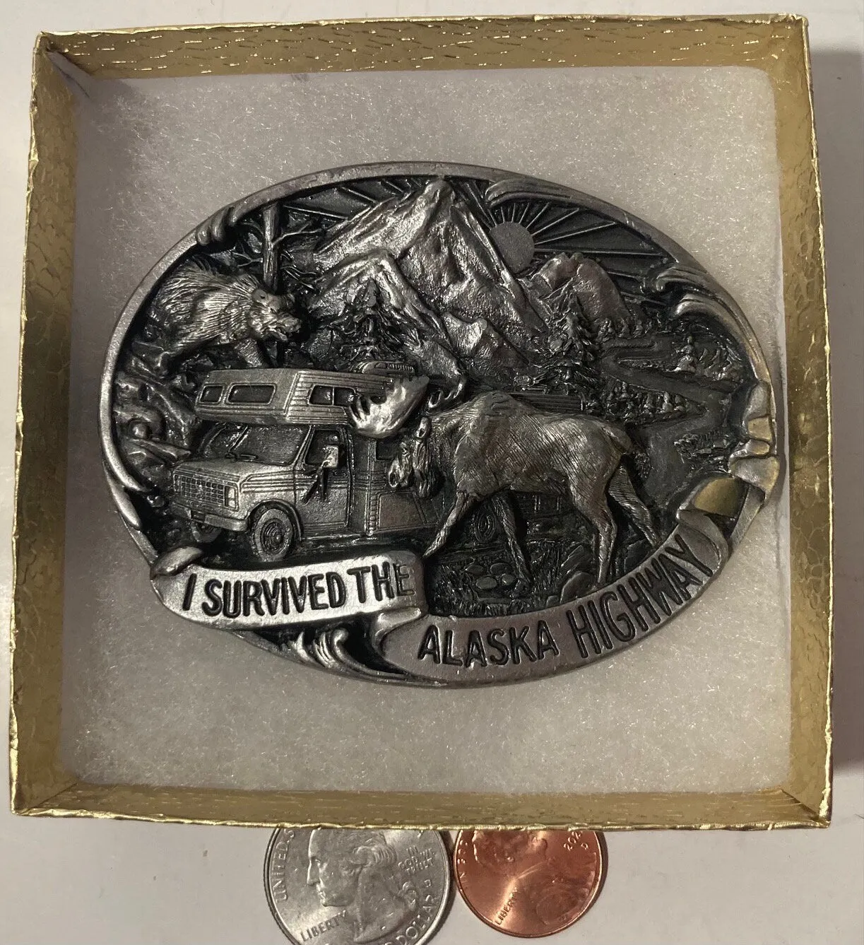 Vintage 1992 Metal Belt Buckle, I Survived The Alaska Highway, Nice Western Design, 3 1/4" x 2 1/2", Heavy Duty, Quality, Thick Metal