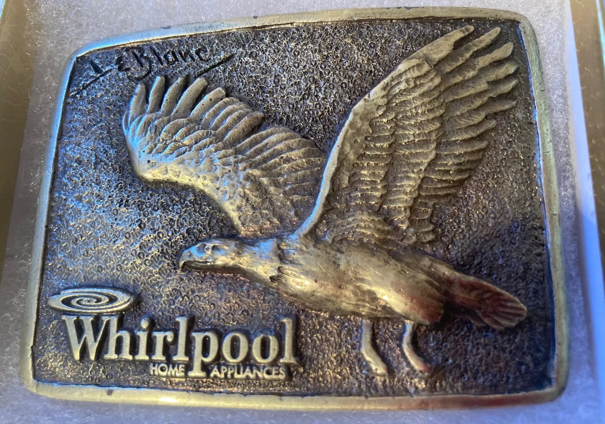 Vintage Metal Belt Buckle, Brass, Whirlpool Home Appliances, Eagle, 3" x 2 1/2", Heavy Duty, Quality, Thick Metal, For Belts, Fashion