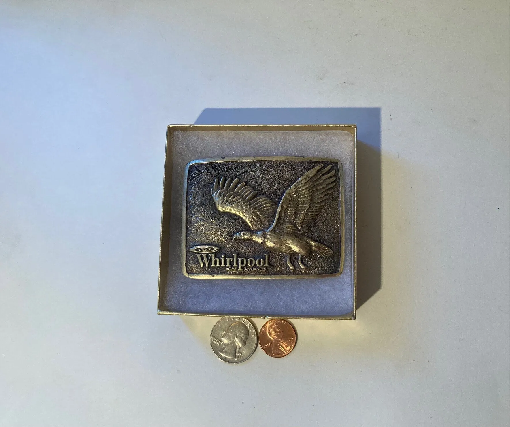 Vintage Metal Belt Buckle, Brass, Whirlpool Home Appliances, Eagle, 3" x 2 1/2", Heavy Duty, Quality, Thick Metal, For Belts, Fashion