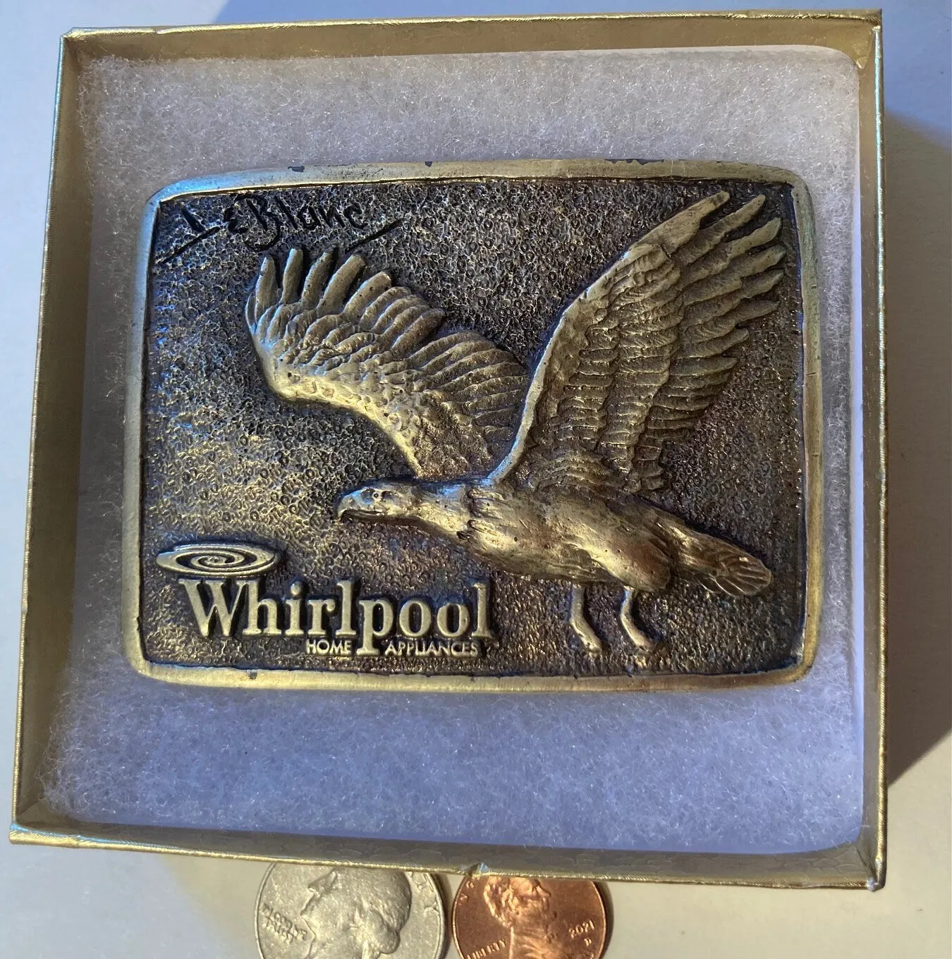 Vintage Metal Belt Buckle, Brass, Whirlpool Home Appliances, Eagle, 3" x 2 1/2", Heavy Duty, Quality, Thick Metal, For Belts, Fashion