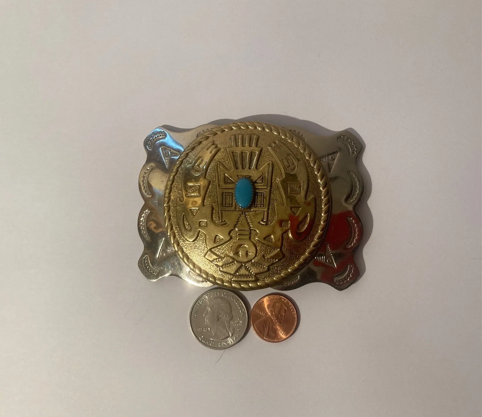 Vintage Metal Belt Buckle, Cowboy Style, Nickle Silver, Bell Trading Post, Turquoise, Heavy Duty, Quality, Thick Metal, Country and Western