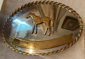 Vintage Metal Belt Buckle, German Silver and Nice Horse Design, Engraved, Nice Western Style Design, 3 1/4" x 2 1/4", Heavy Duty, Quality