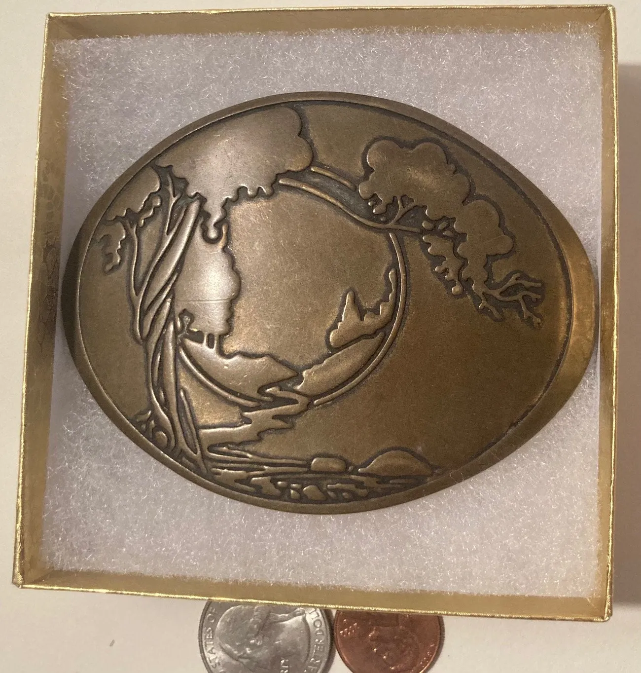 Vintage Metal Belt Buckle, Nice Earth, World, Trees Design, Nice Western Design, 3 1/2" x 2 1/2", Heavy Duty, Quality