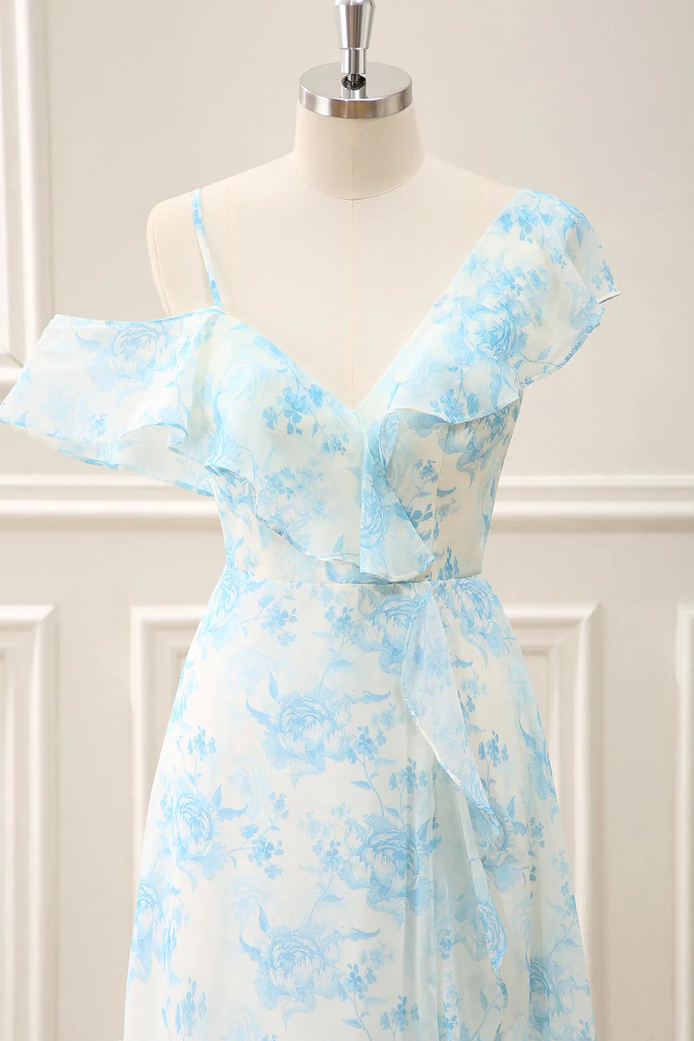 White Blue Flower A Line Chiffon Ruffled Tea Length Dress