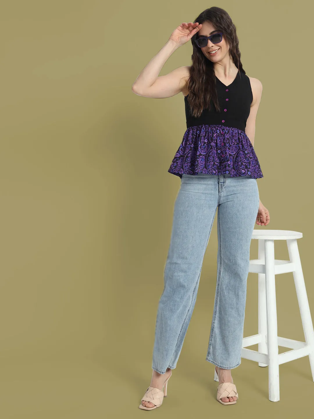 Women Floral Printed Purple & Black Peplum Top